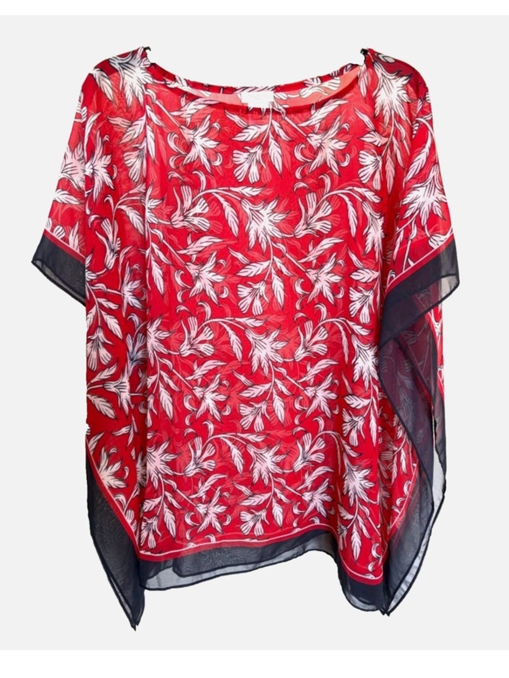 Talbots Sheer Floral Beach Cover Up Caftan Poncho Red Navy S/M Resort